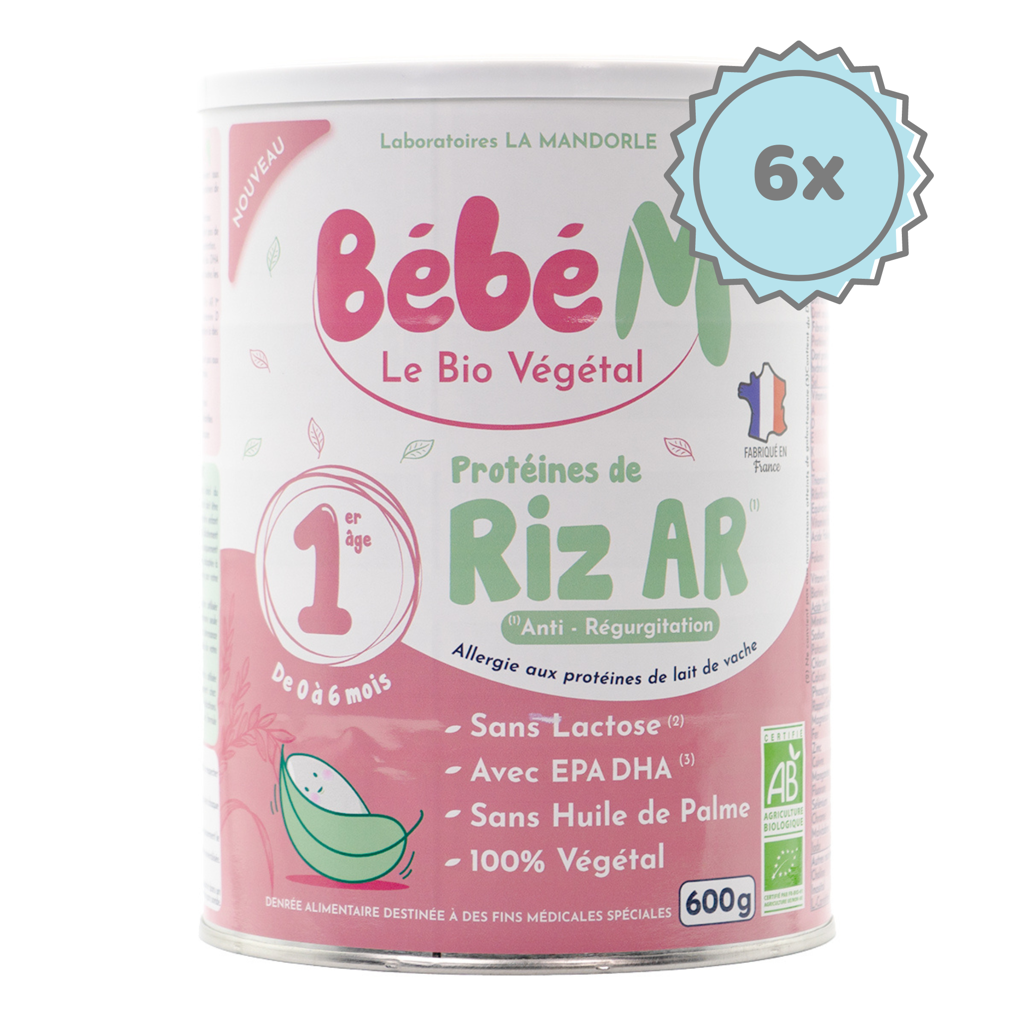 Bebe M (Bebe Mandorle) Organic Anti-Reflux Rice-Based Infant Formula - Stage 1 (0 to 6 months) | Organic Baby Formula | 6 cans