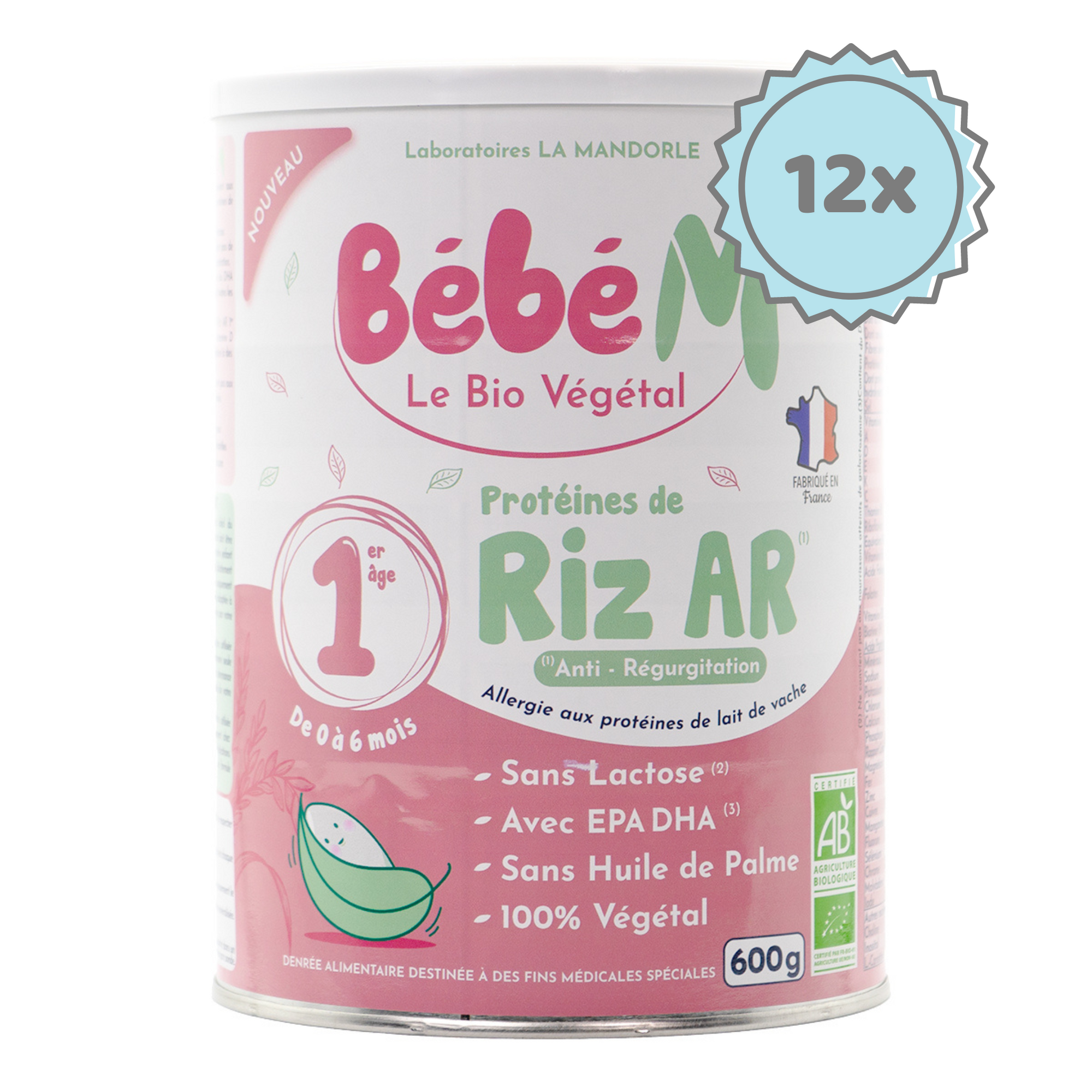 Bebe M (Bebe Mandorle) Organic Anti-Reflux Rice-Based Infant Formula - Stage 1 (0 to 6 months) | Organic Baby Formula | 12 cans