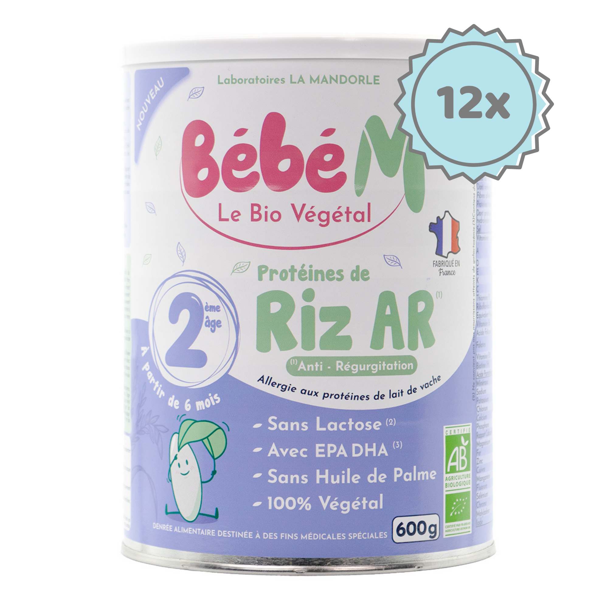 Bebe M (Bebe Mandorle) Organic Anti-Reflux Rice-Based Formula - Stage 2 (6+ months) | Organic Baby Formula | 12 cans