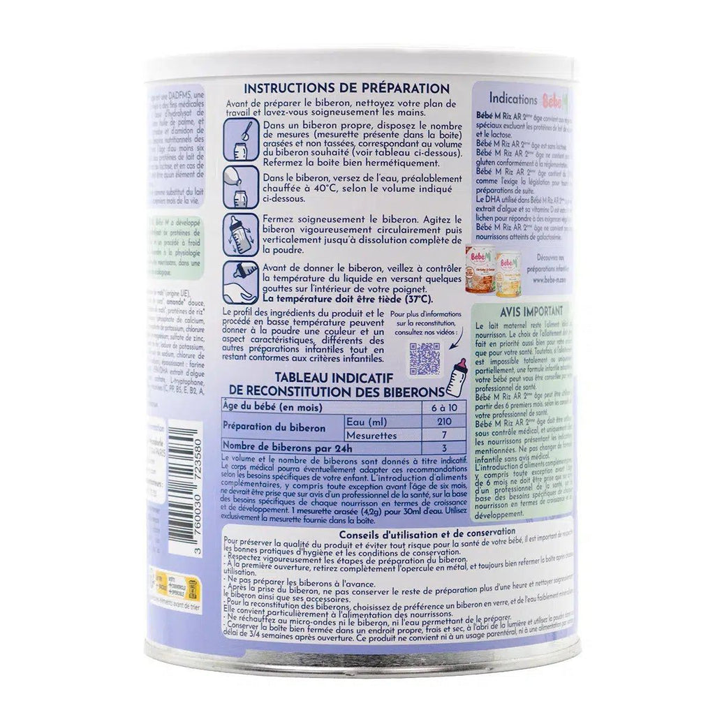 Bebe M (Bebe Mandorle) Organic Anti-Reflux Rice-Based Formula - Stage 2 (6+ months) | Organic Baby Formula | Preparation
