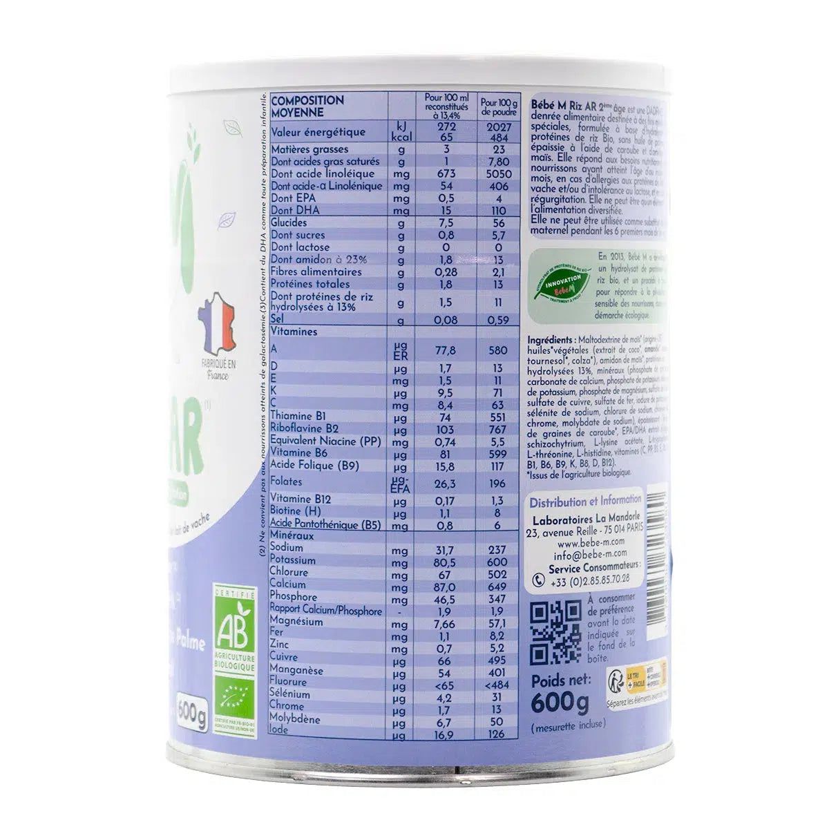 Bebe M (Bebe Mandorle) Organic Anti-Reflux Rice-Based Formula - Stage 2 (6+ months) | Organic Baby Formula | Nutrition facts
