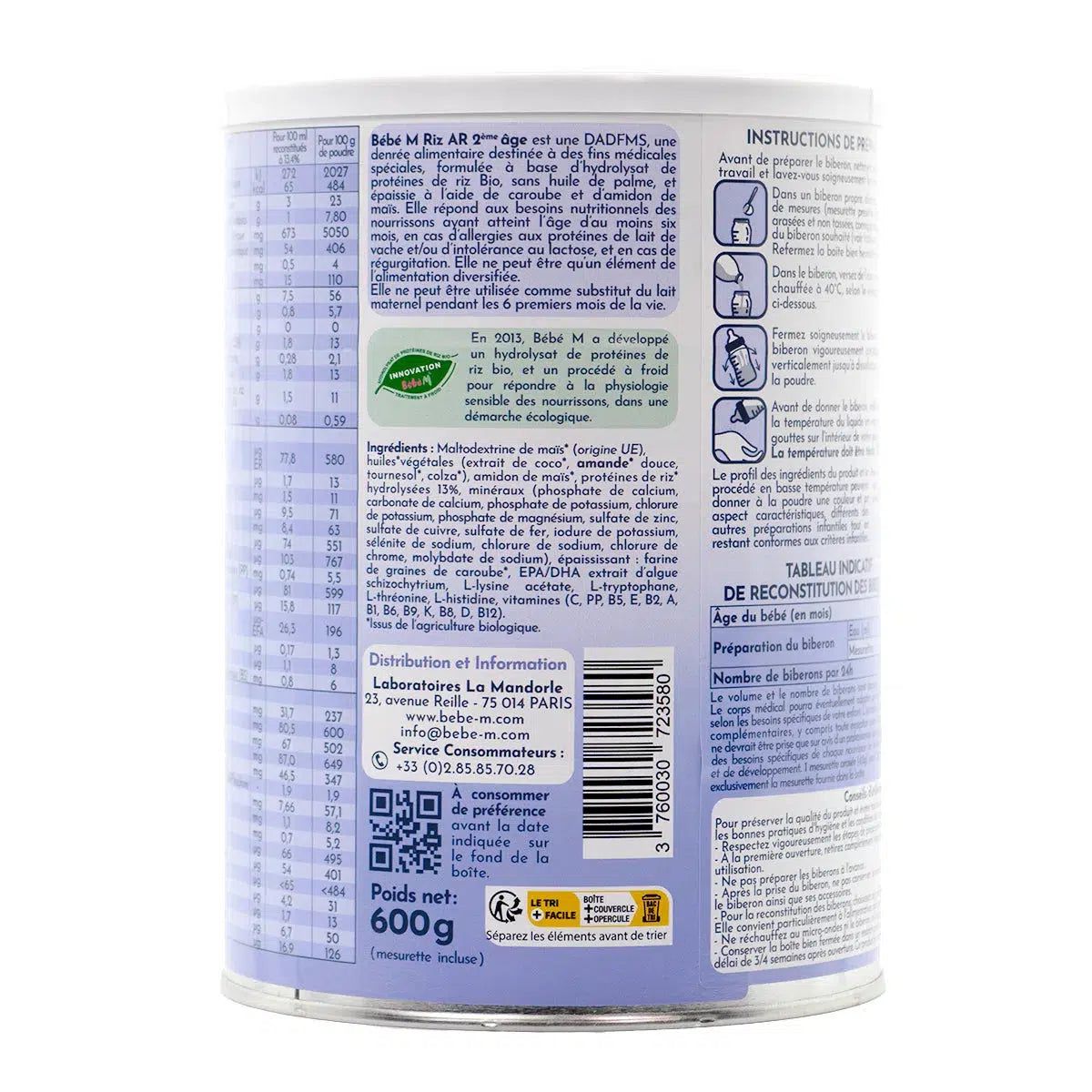 Bebe M (Bebe Mandorle) Organic Anti-Reflux Rice-Based Formula - Stage 2 (6+ months) | Organic Baby Formula | Ingredients