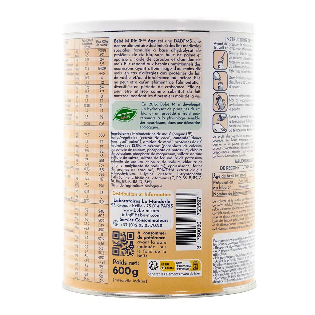 Bebe M (Bebe Mandorle) Organic Anti-Reflux Rice-Based Formula - Stage 3 (10+ months) | Organic Baby Formula | Ingredients