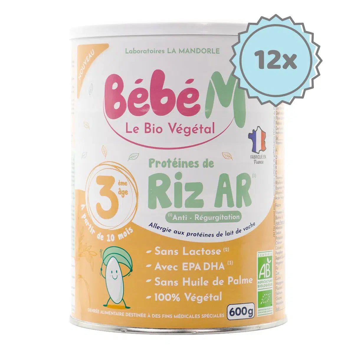 Bebe M (Bebe Mandorle) Organic Anti-Reflux Rice-Based Formula - Stage 3 (10+ months) | Organic Baby Formula | 12 cans