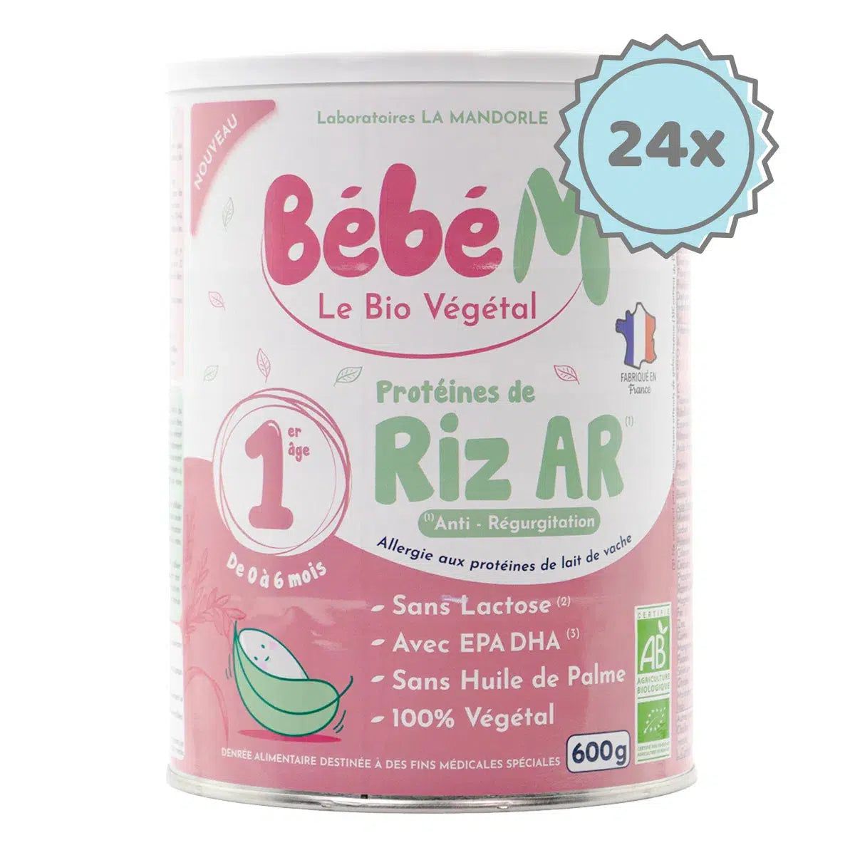 Bebe M (Bebe Mandorle) Organic Anti-Reflux Rice-Based Infant Formula - Stage 1 (0 to 6 months) | Organic Baby Formula | 24 cans
