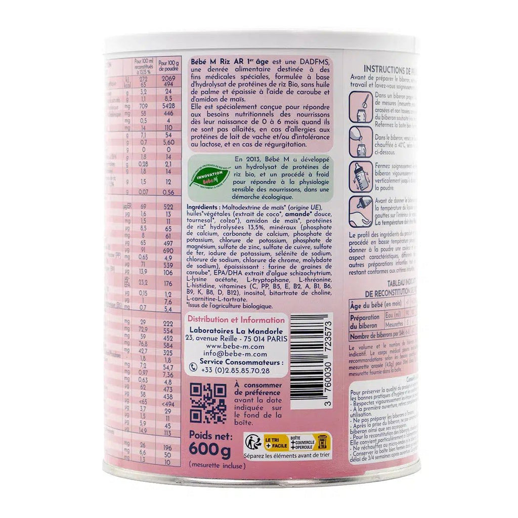 Bebe M (Bebe Mandorle) Organic Anti-Reflux Rice-Based Infant Formula - Stage 1 (0 to 6 months) | Organic Baby Formula | Ingredients