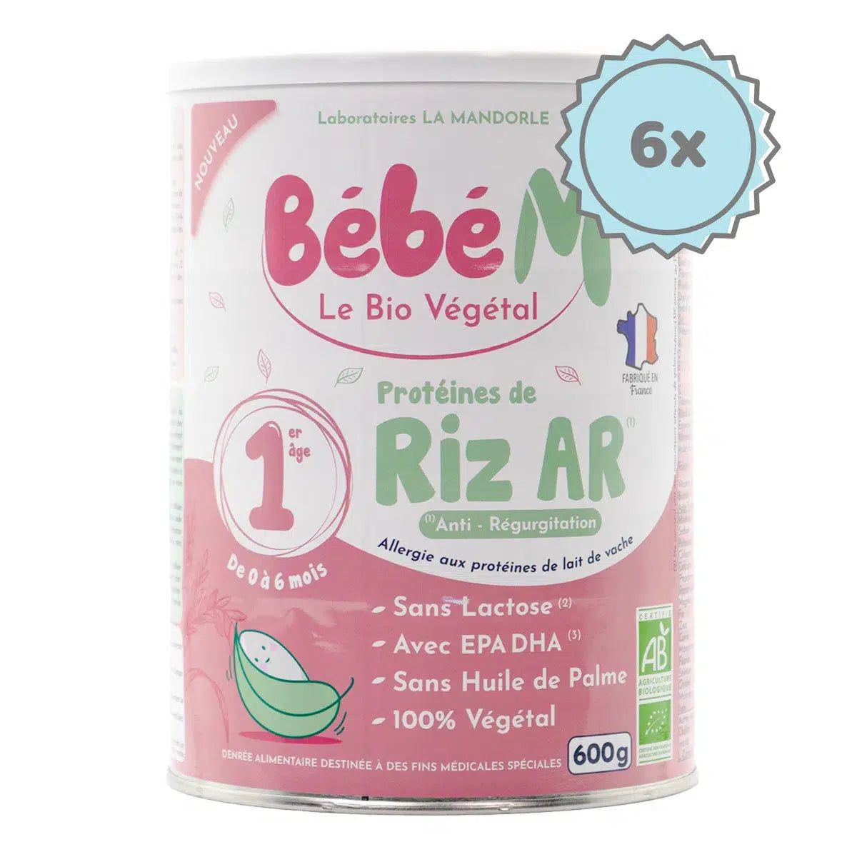 Bebe M (Bebe Mandorle) Organic Anti-Reflux Rice-Based Infant Formula - Stage 1 (0 to 6 months) | Organic Baby Formula | 6 cans