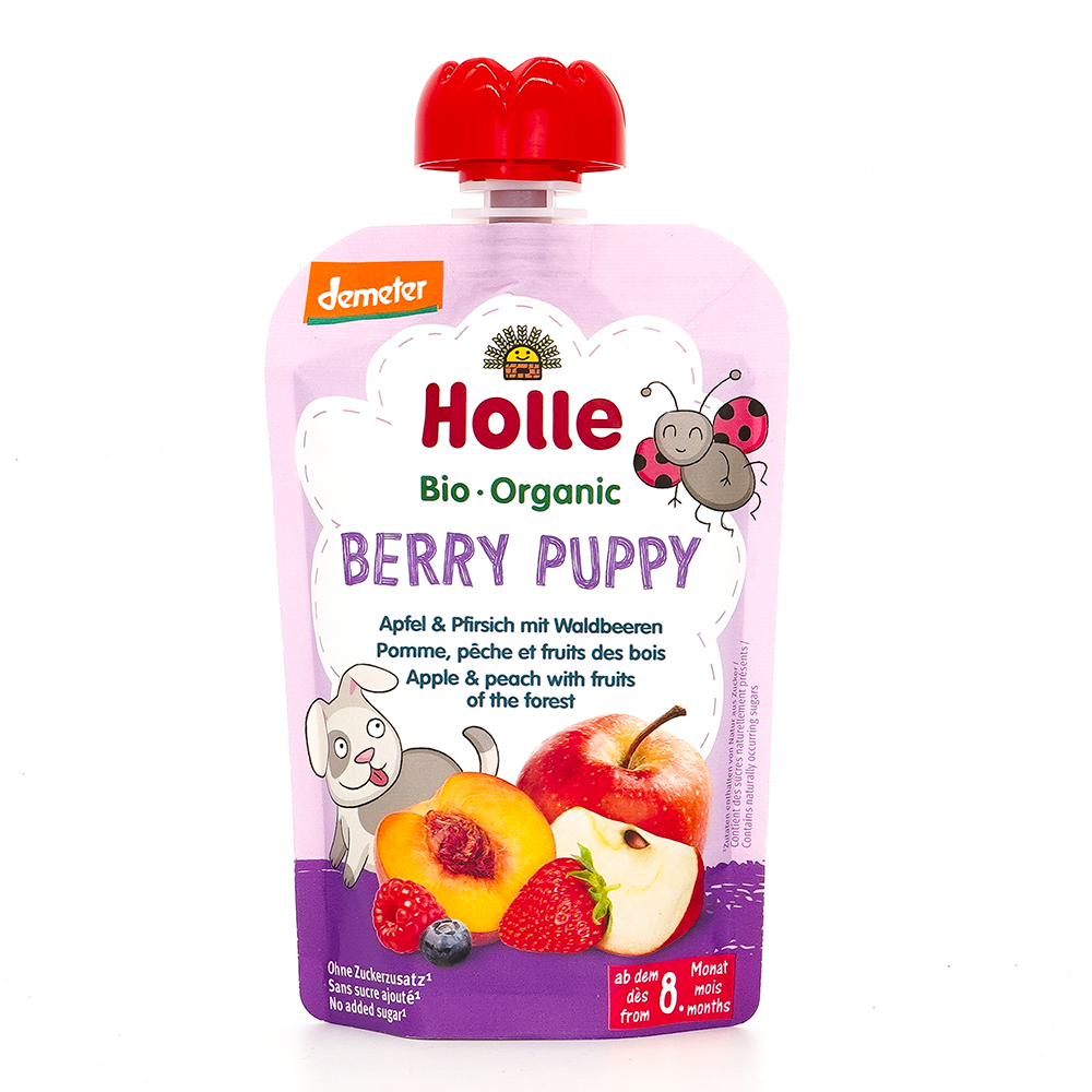 Holle Berry Puppy: Apple & Peach with Fruits (8+ months) - 12 Pouches | Organic Baby Pouch
