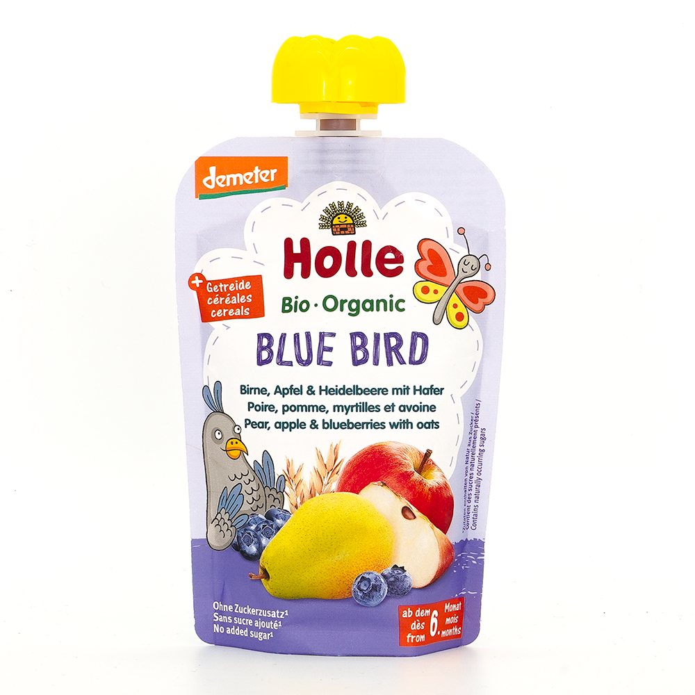 Holle Blue Bird: Pear, Apple & Blueberries with Oats (6+ Months) | Organic Baby Pouch