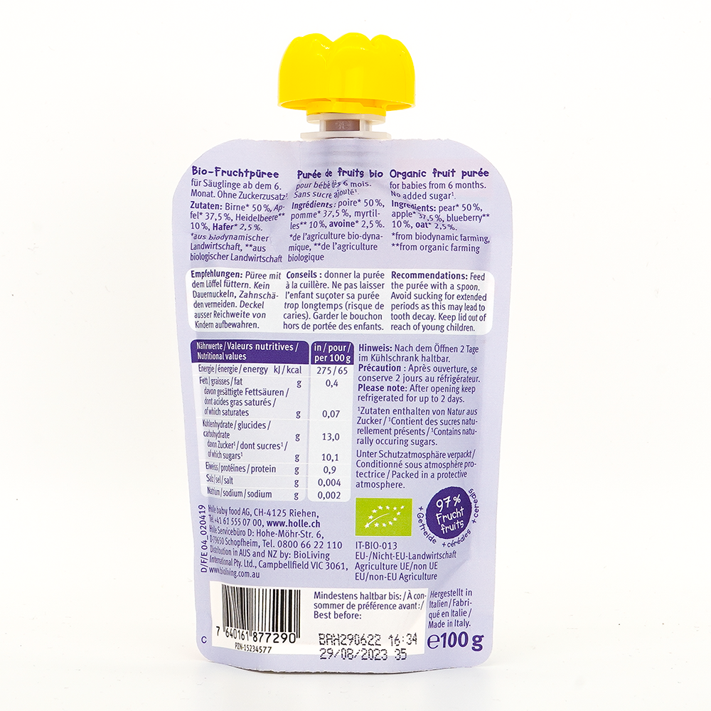 Holle Blue Bird: Pear, Apple & Blueberries with Oats (6+ Months) | Nutrition facts