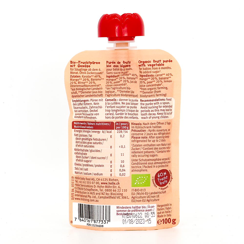 Holle Carrot Cat: Carrot, Mango, Banana & Pear (6+ Months) | Nutrition facts