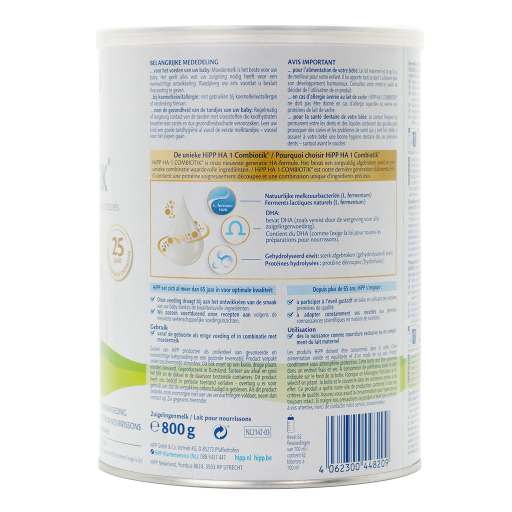 HiPP HA Dutch Stage 1 Hypoallergenic Combiotic Formula (800g) | Organic European Baby Formula | Information
