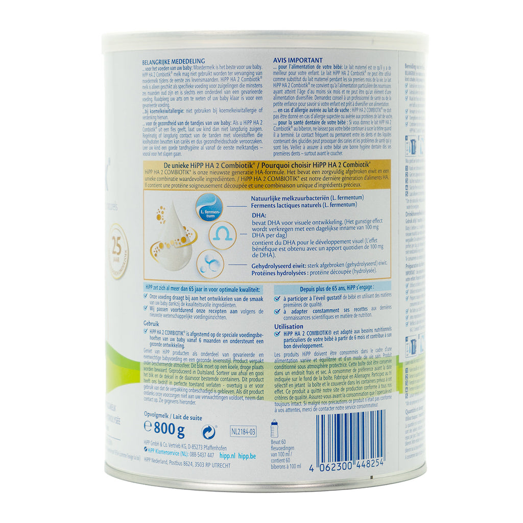 HiPP HA Dutch Stage 2 Hypoallergenic Combiotic Formula (800g) | Organic European Baby Formula | Information
