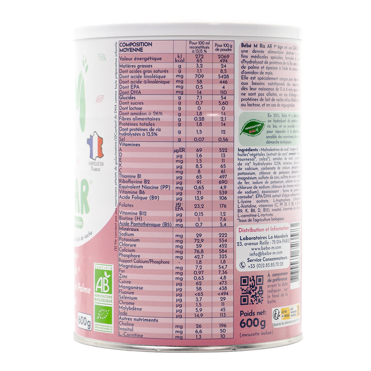 Bebe M (Bebe Mandorle) Organic Anti-Reflux Rice-Based Infant Formula - Stage 1 (0 to 6 months) | Organic Baby Formula | Nutrition facts