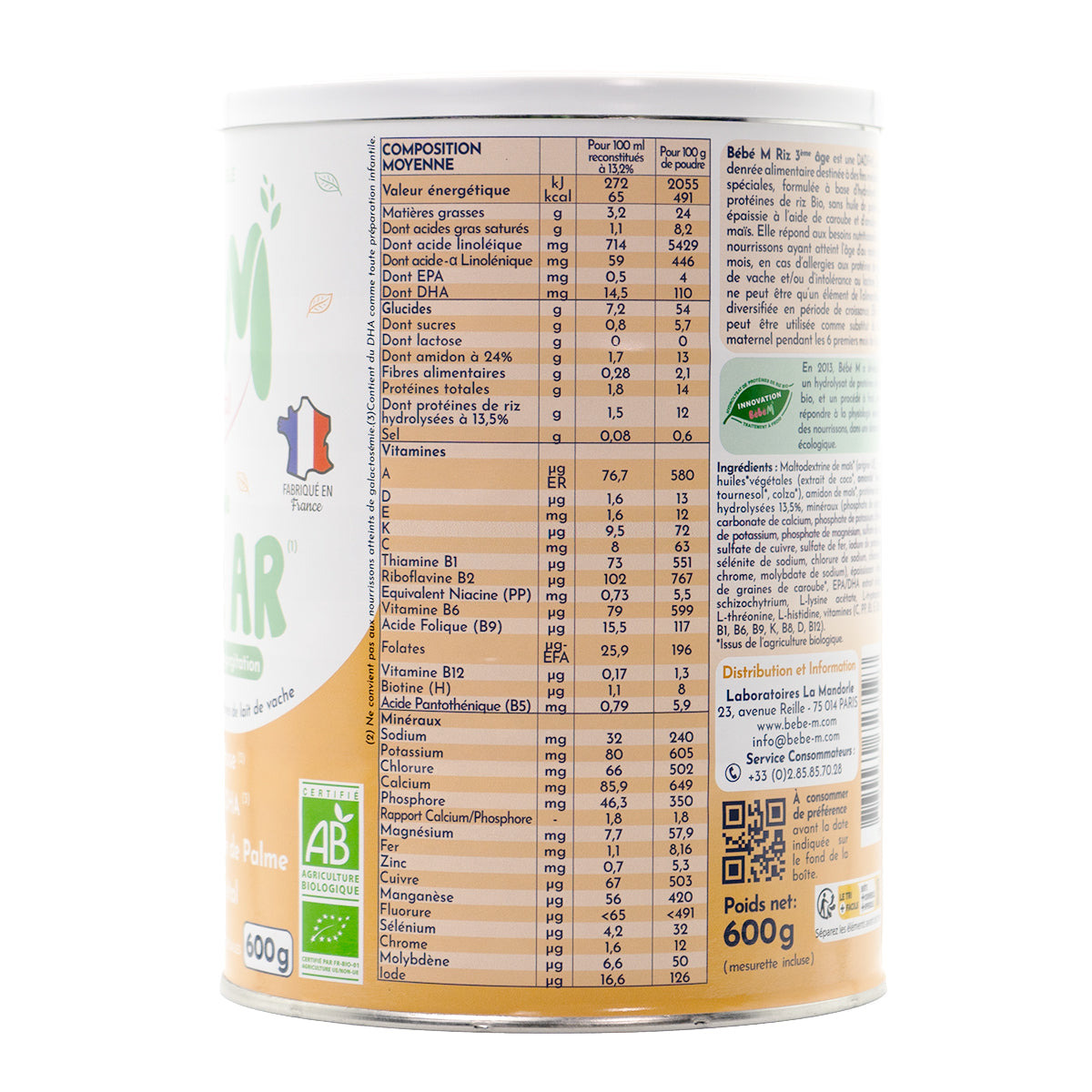 Bebe M (Bebe Mandorle) Organic Anti-Reflux Rice-Based Formula - Stage 3 (10+ months) | Organic Baby Formula | Nutrition facts