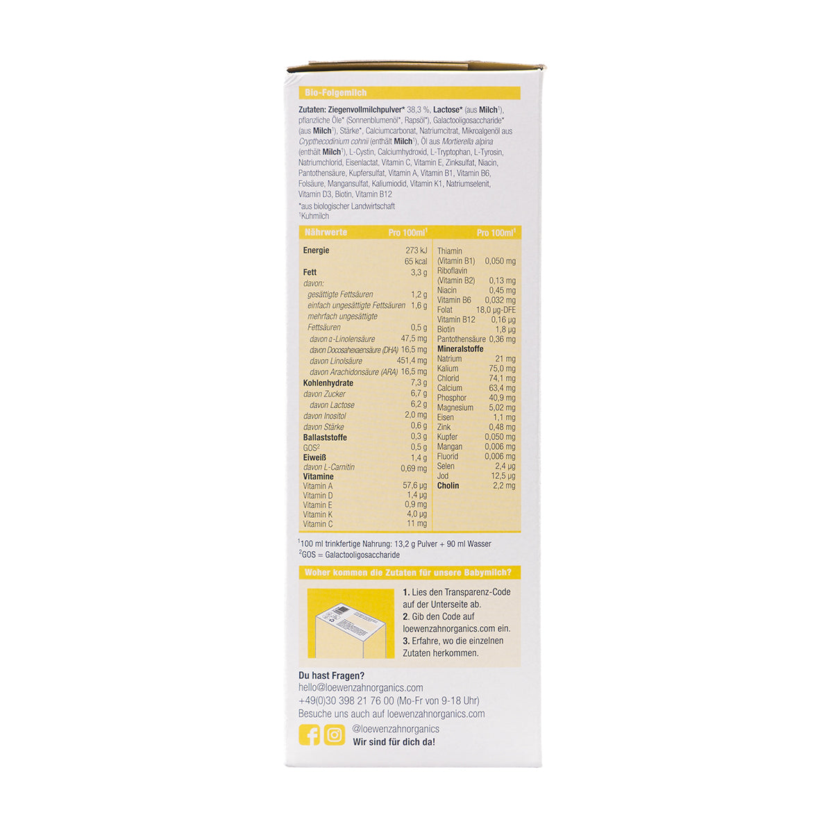 Löwenzahn Organics Goat Stage 2  | European Follow-On Baby Formula | Nutritional facts 