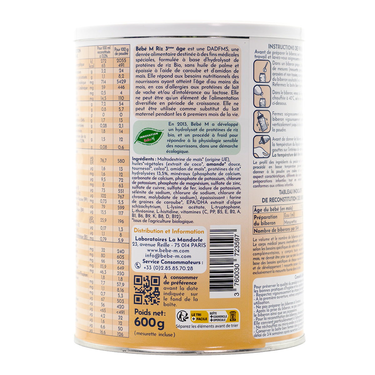 Bebe M (Bebe Mandorle) Organic Anti-Reflux Rice-Based Formula - Stage 3 (10+ months) | Organic Baby Formula | Ingredients