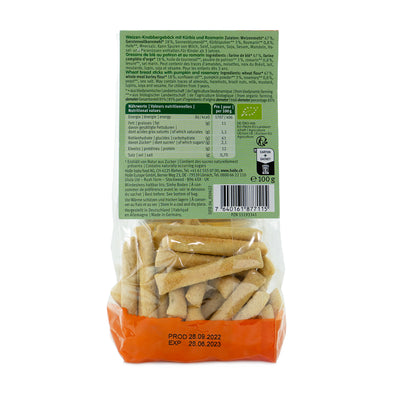 Holle Snack - Organic Pumpkin-Rosemary Sticks (3+ Years), 100g  | Nutrition facts