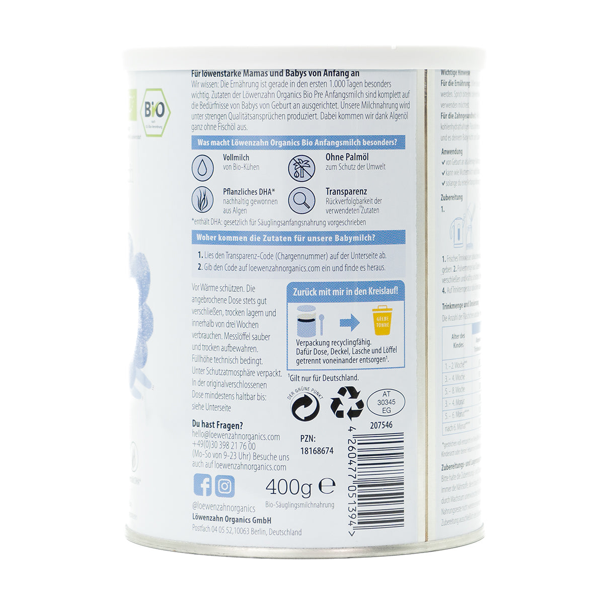 Löwenzahn Whole Cow's Milk Stage Pre | European Infant Baby Formula | Ingredients