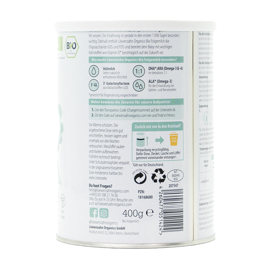 Löwenzahn Whole Cow's Milk Stage 2 | European Follow-On Baby Formula | Ingreduents