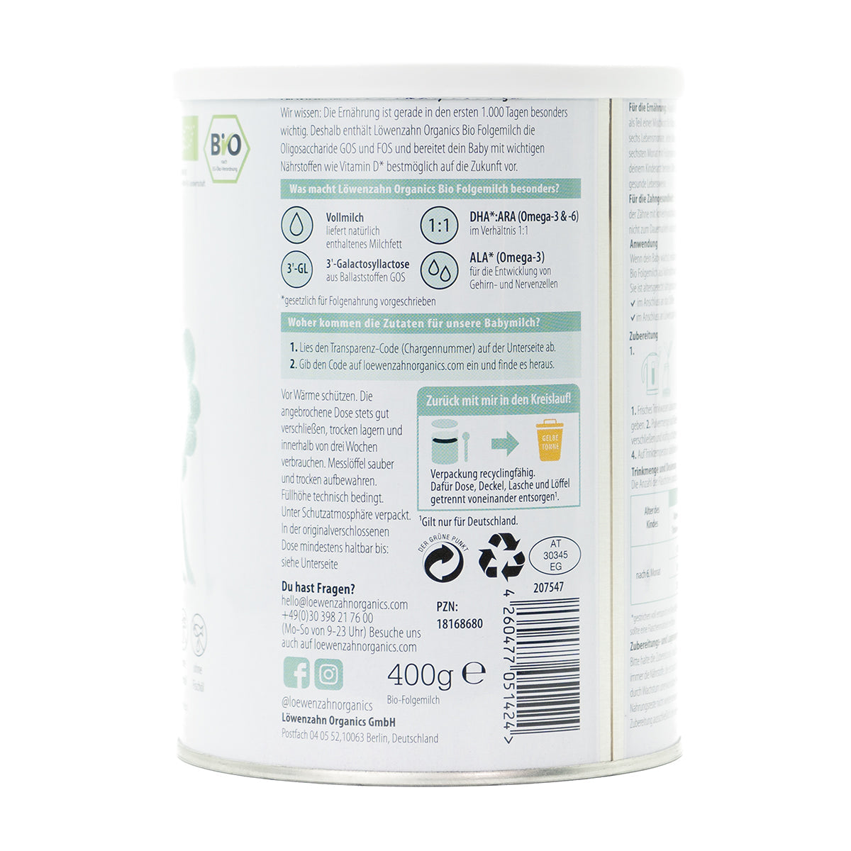 Löwenzahn Whole Cow's Milk Stage 2 | European Follow-On Baby Formula | Ingreduents