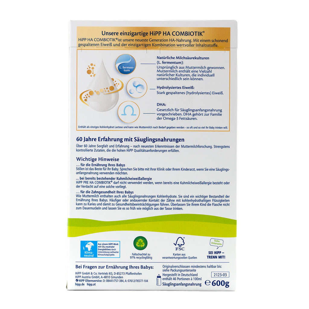 HiPP HA Stage PRE (0+ Months) Combiotic Formula | Ingredients 