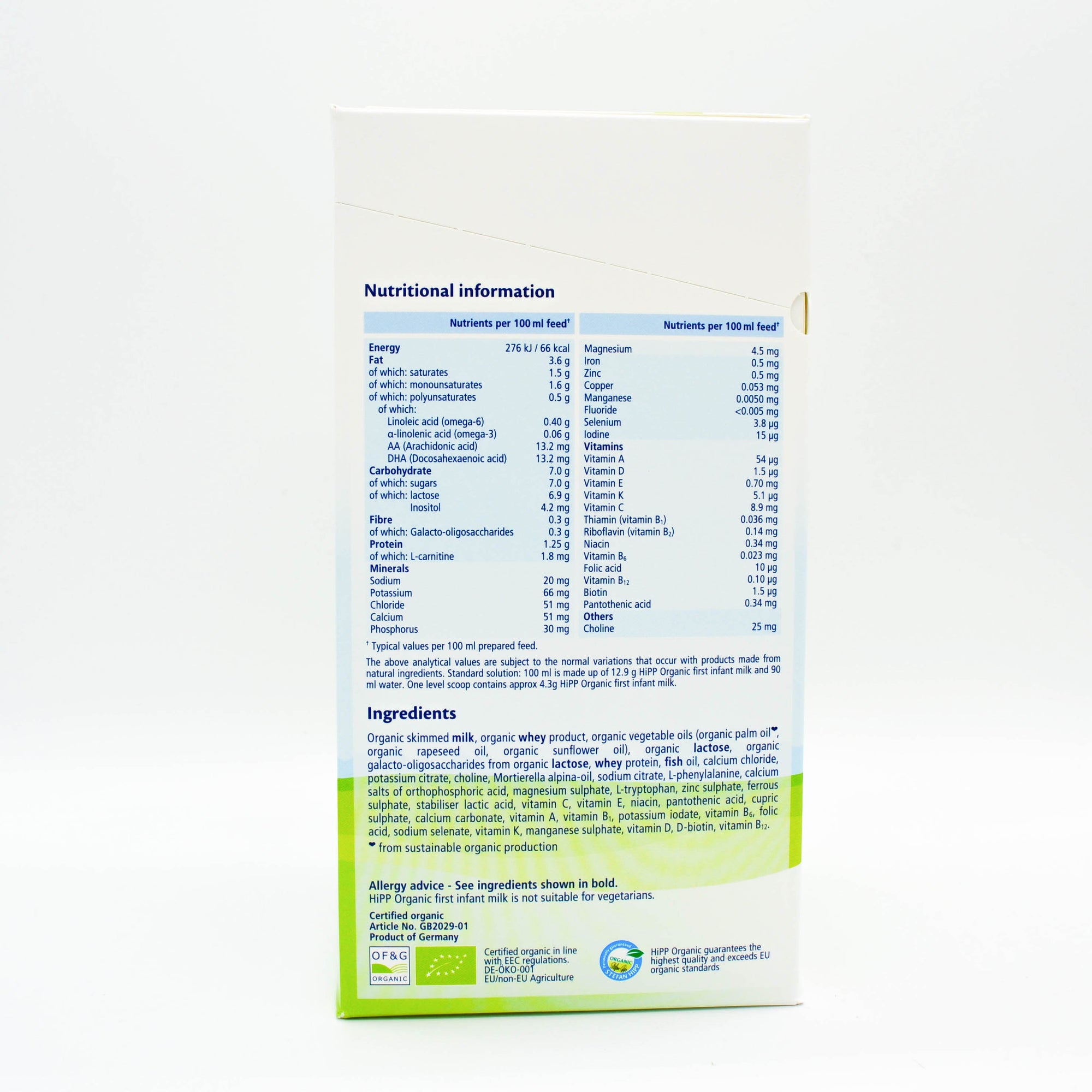 Nutrition Facts: HiPP Stage 1 Organic Combiotic First Infant Milk Formula UK Version