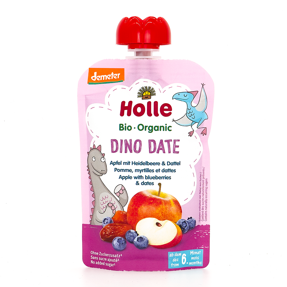 Holle Dino Date: Apple, Blueberries & Dates (6+ Months) | Organic Baby Fruit Pouch
