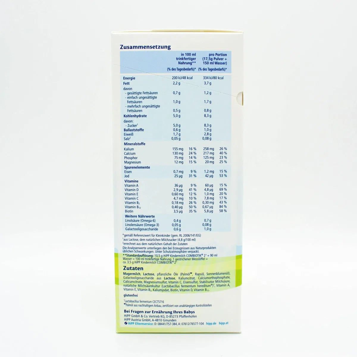 Nutrition Facts HiPP 2+ Years Combiotic Childrens' Milk (Kindermilch) Formula