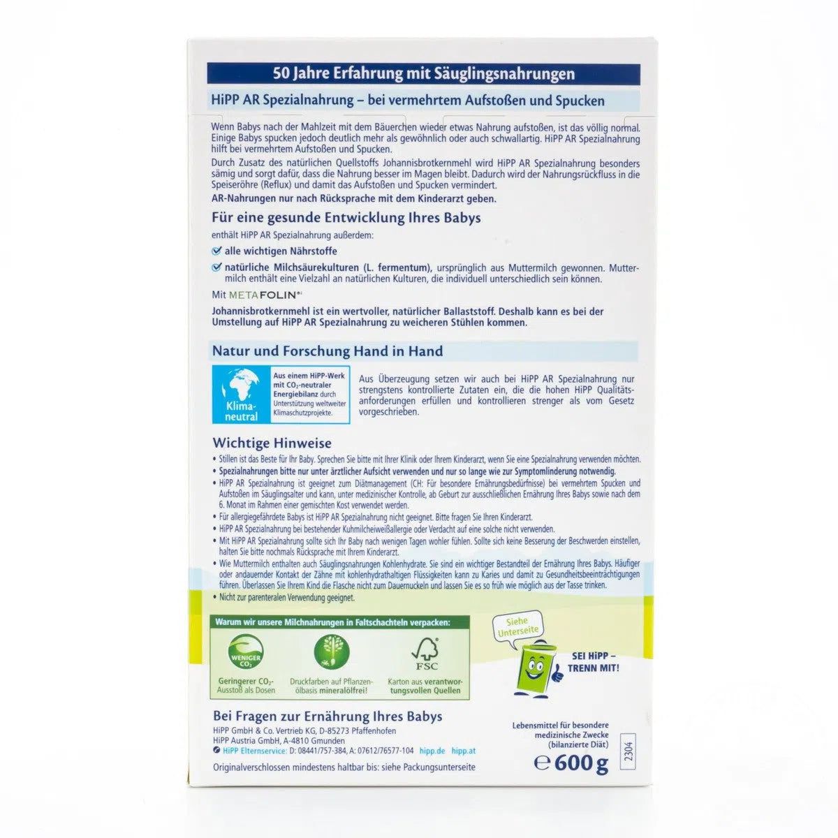 HiPP Anti-Reflux Special Formula Ingredients