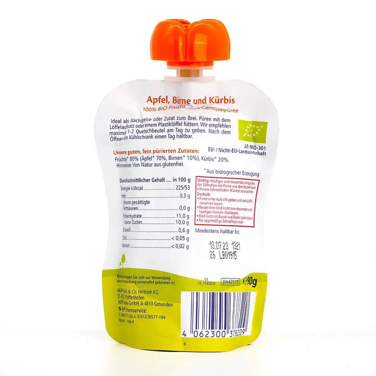 HiPP Fruit Pouches - Apple, Pear and Pumpkin (4+ Months) | Nutrition Facts