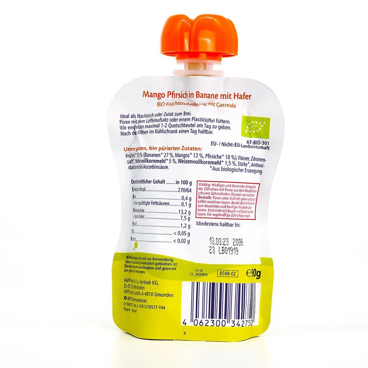 HiPP Fruit Pouches - Mango, Peach, Banana with Oats & Porridge | Nutrition Facts