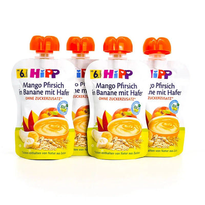 HiPP Fruit Pouches - Mango, Peach, Banana with Oats & Porridge - 4 Pouches
