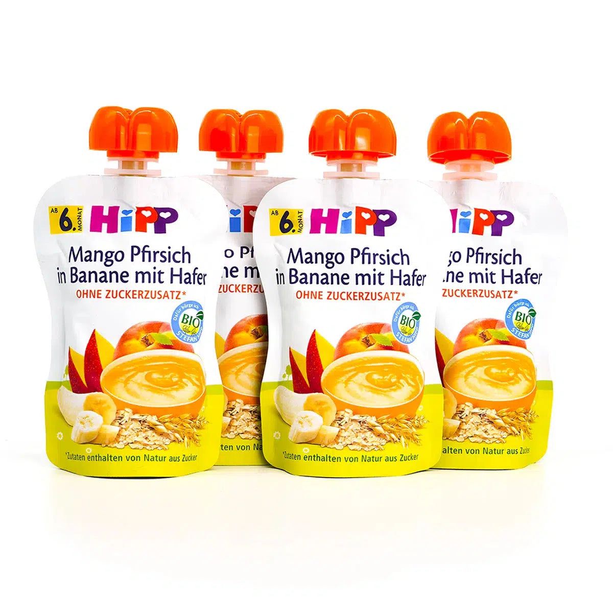 HiPP Fruit Pouches - Mango, Peach, Banana with Oats & Porridge - 4 Pouches