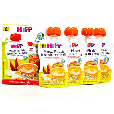 HiPP Fruit Pouches - Mango, Peach, Banana with Oats & Porridge | Organic Baby Food