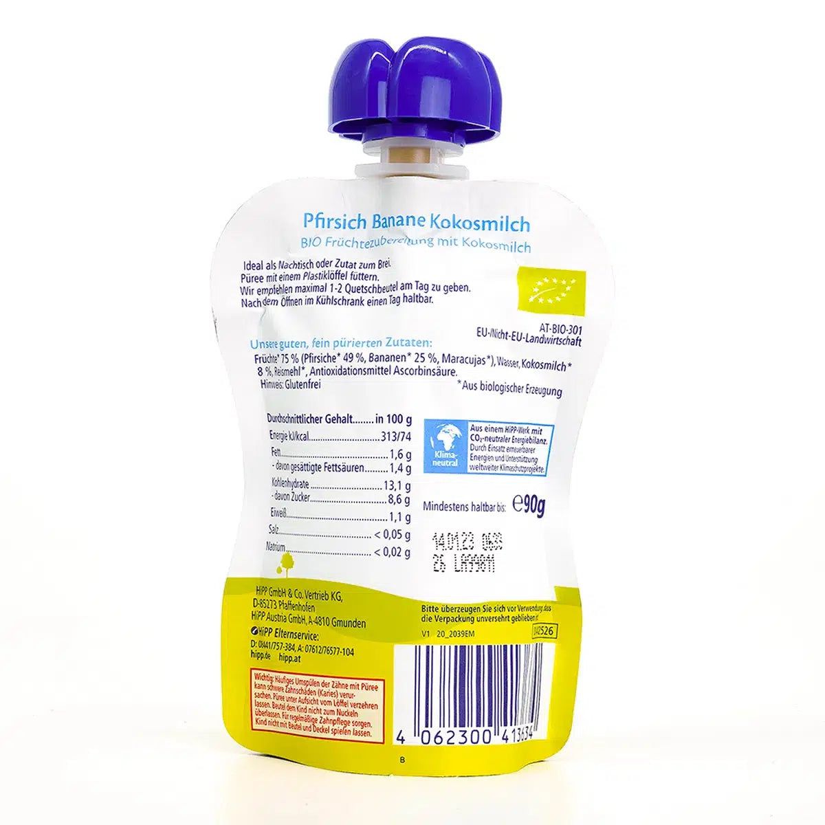 HiPP Fruit Pouches - Peach & Banana With Coconut Milk (6+ Months) | Nutrition Facts