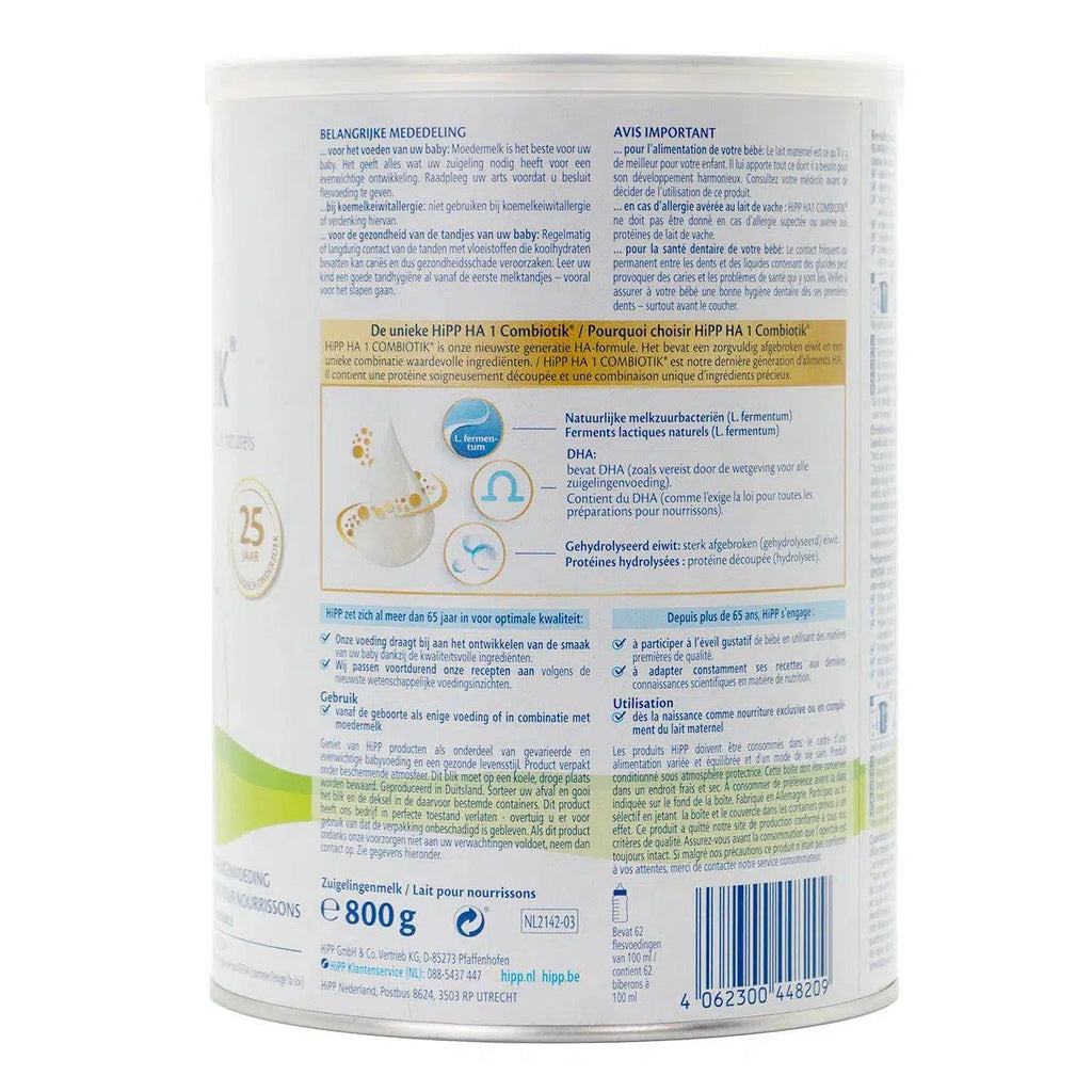 HiPP HA Dutch Stage 1 Hypoallergenic Combiotic Formula (800g) | Organic European Baby Formula | Information
