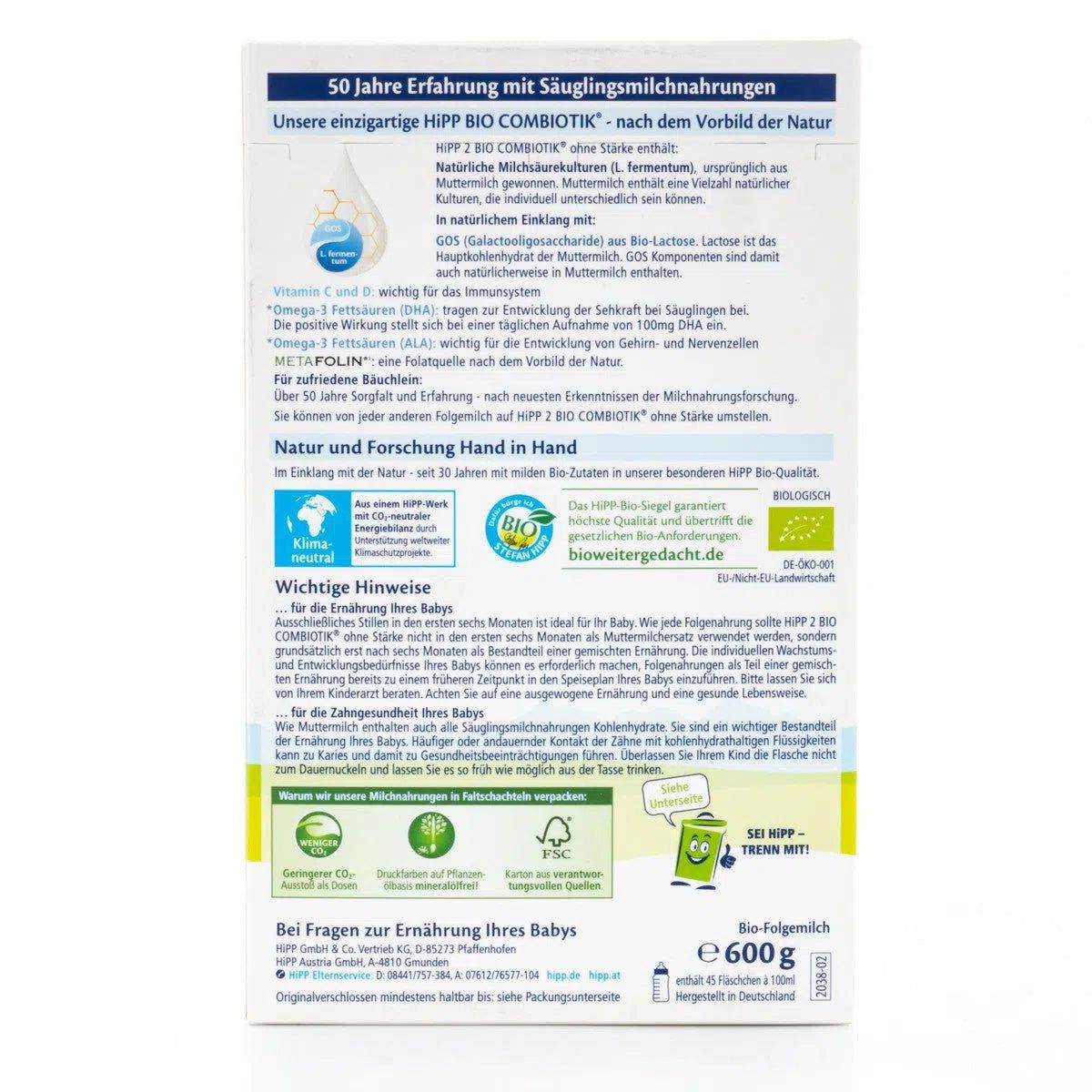 HiPP No Starch Stage 2 (6+ Months) Combiotic Formula - German Version (600g) - 40 Boxes
