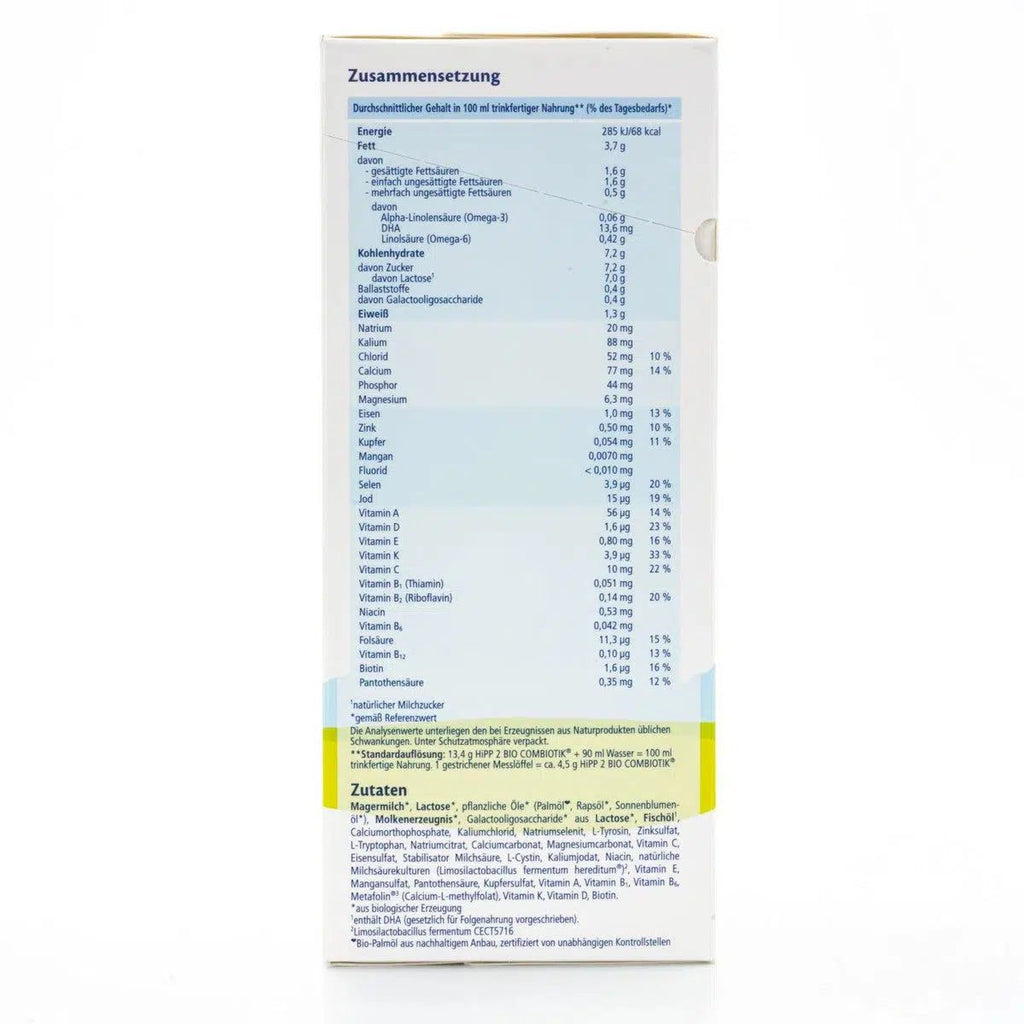 HiPP No Starch Stage 2 (6+ Months) Combiotic Formula - German Version | Nutrition Facts