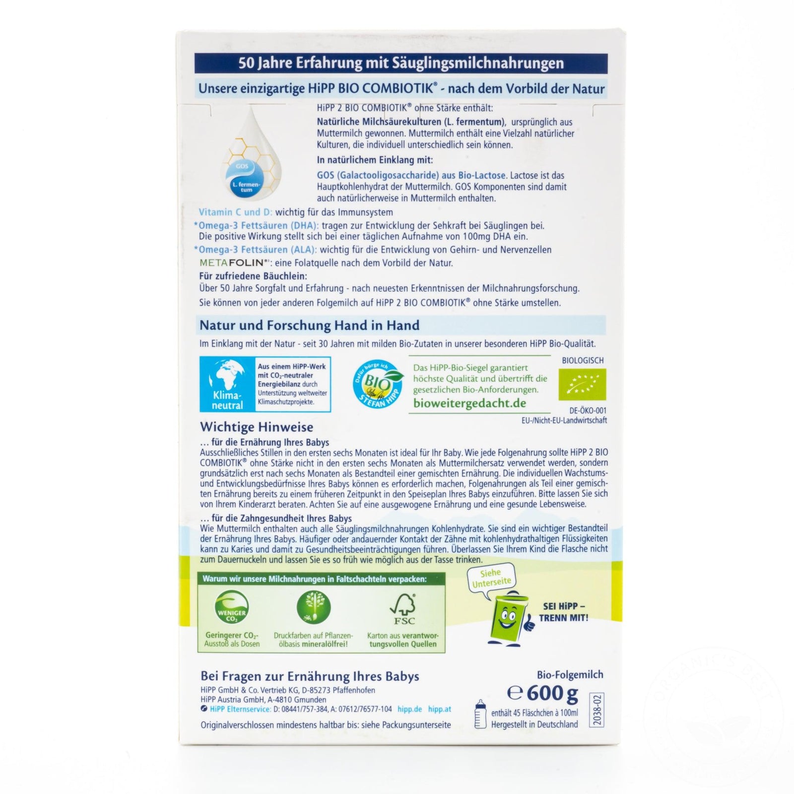 HiPP No Starch Stage 2 (6+ Months) Combiotic Formula - German Version (600g) - 40 Boxes