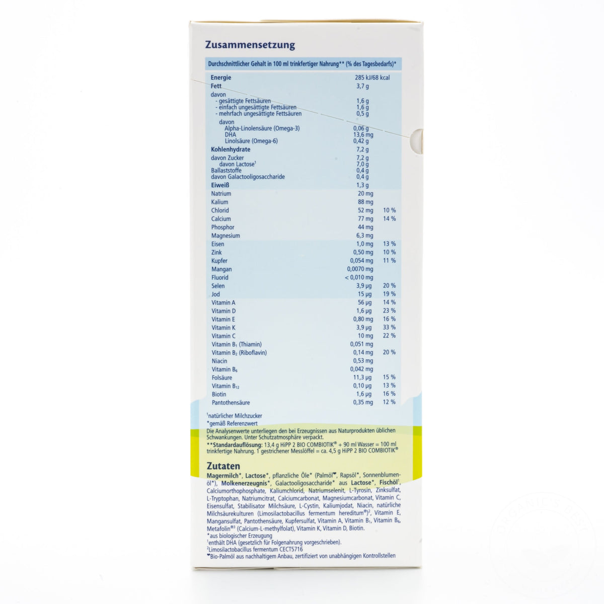 HiPP No Starch Stage 2 (6+ Months) Combiotic Formula - German Version | Nutrition Facts