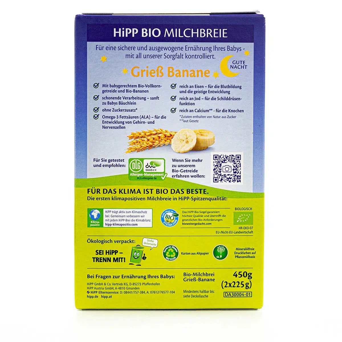 HiPP Organic Banana-Semolina Milk Evening Porridge (6+ Months) Ingredients
