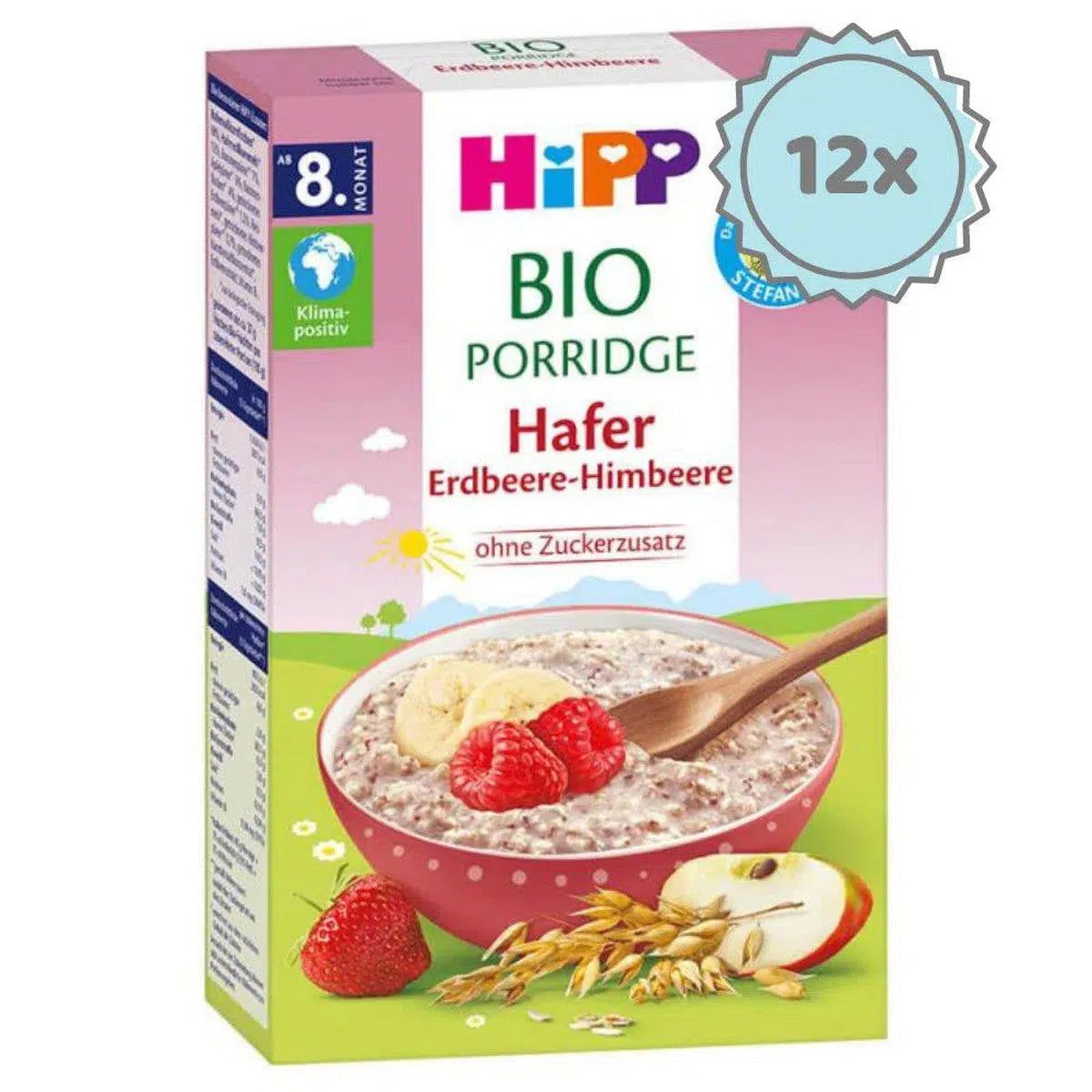 HiPP Organic Porridge - Oat Strawberry-Raspberry (8+ Months) - 12 Boxes
