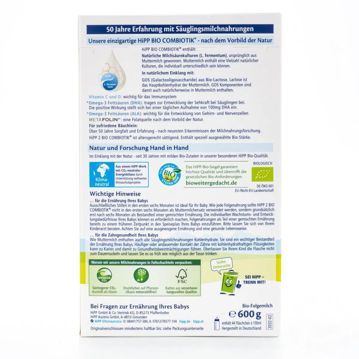 HiPP Stage 2 Combiotic Formula - German Version (600g) - 40 Boxes