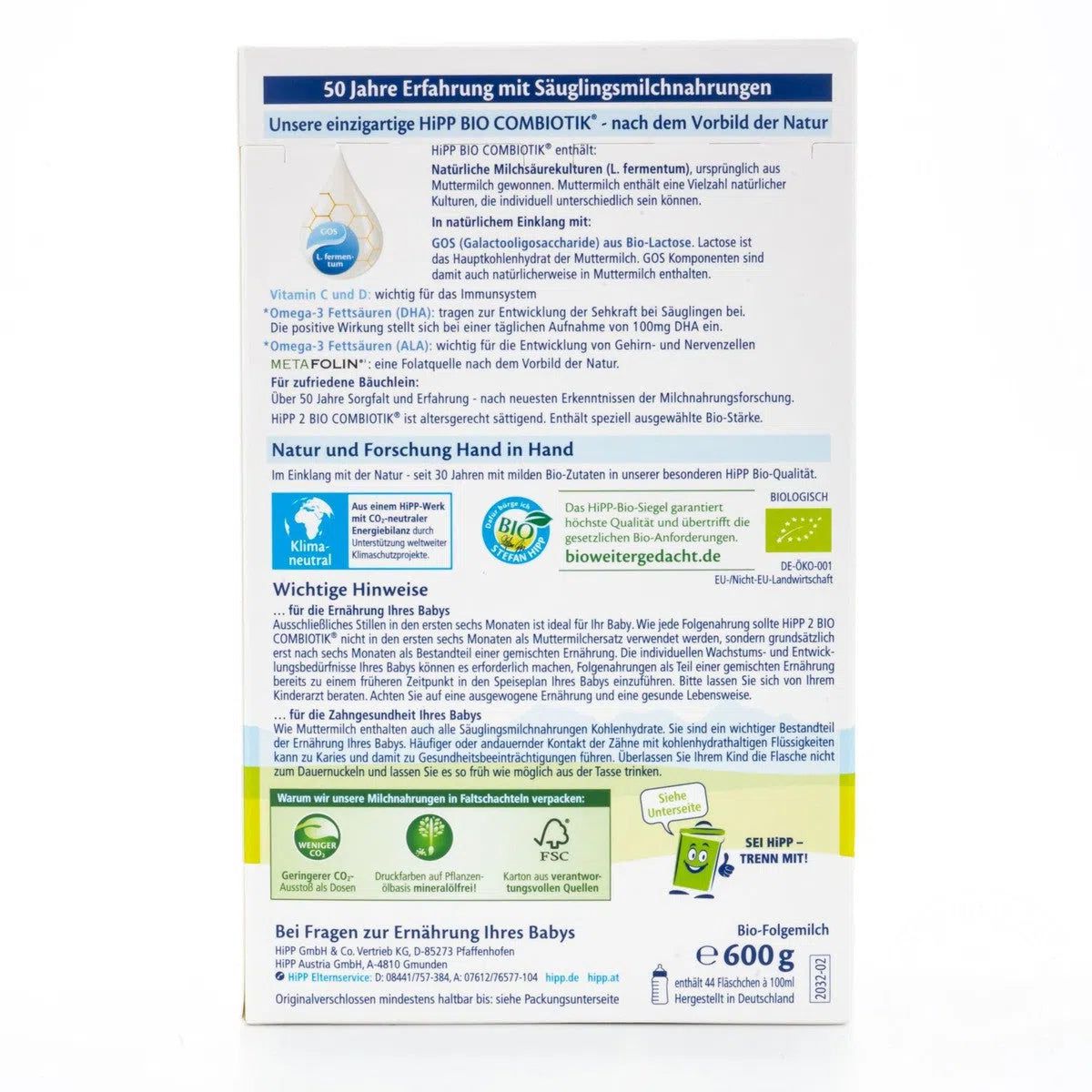 HiPP Stage 2 Combiotic Formula - German Version (600g) - 8 Boxes