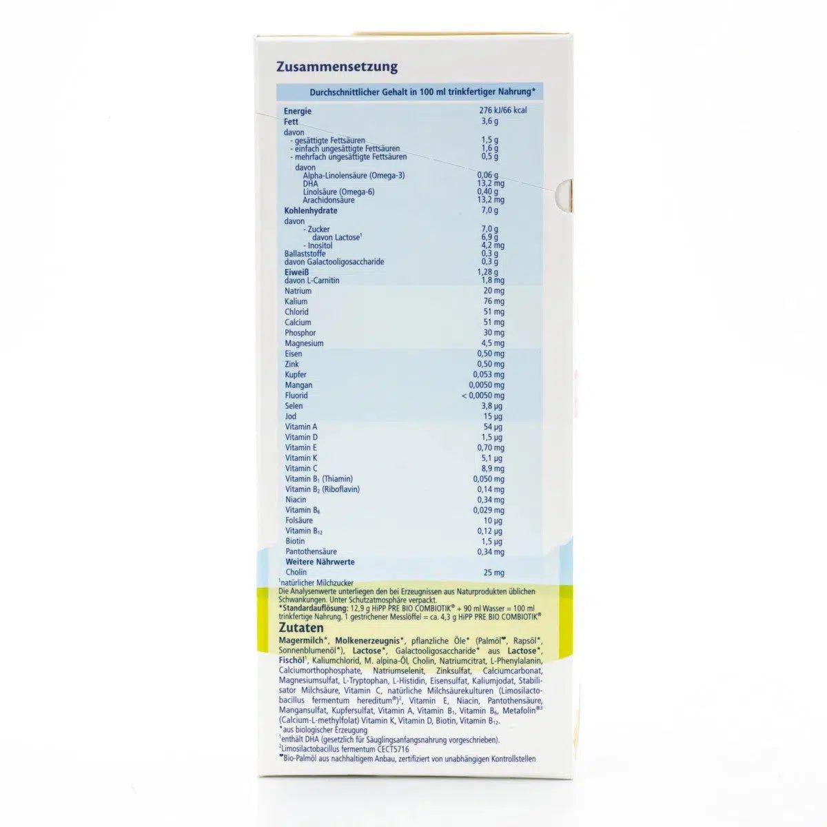 HiPP Stage PRE (0+ Months) Combiotic Formula - German Version | Nutrition Facts