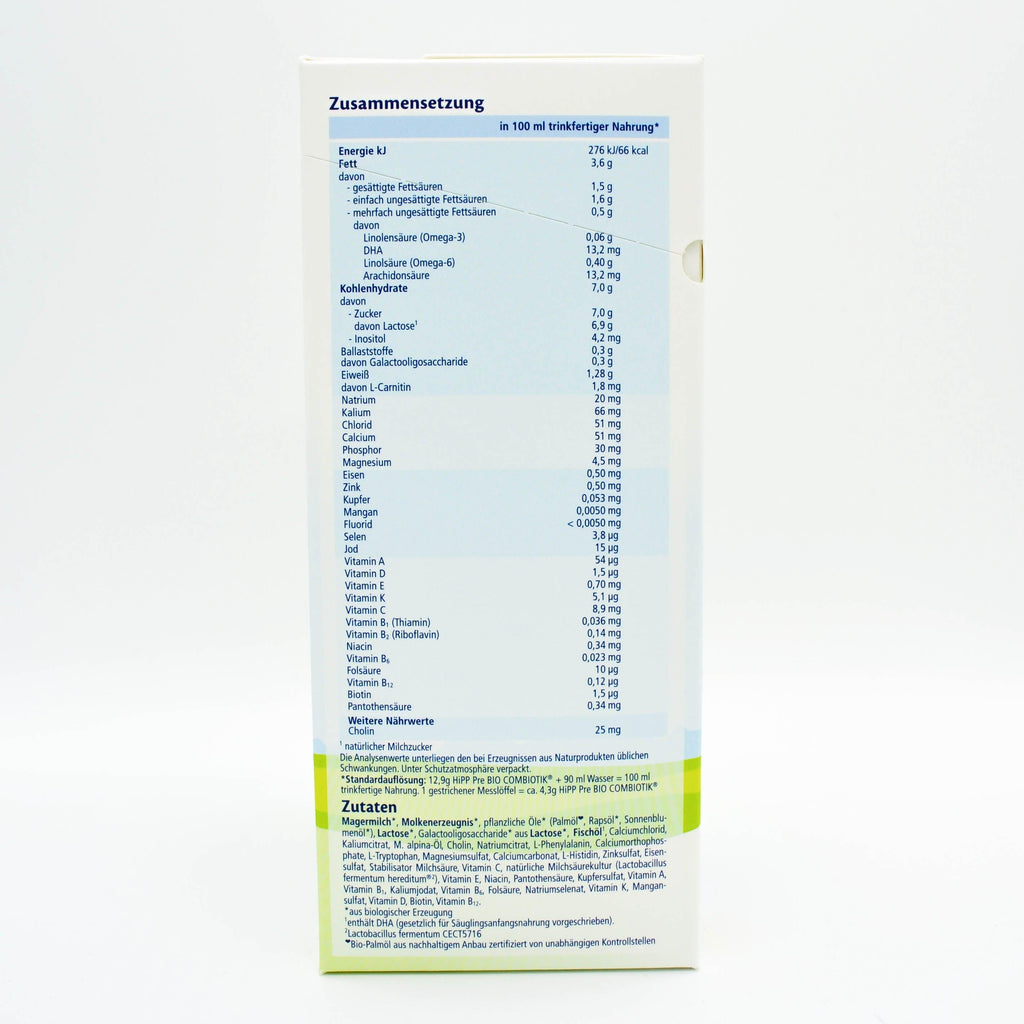 Nutrition Facts: HiPP Stage PRE (Bio) Combiotic Infant Milk Formula - German Version