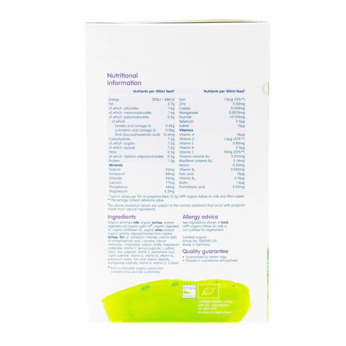 HiPP UK Stage 1 Organic Combiotic First Infant Milk Formula | Nutritional Information