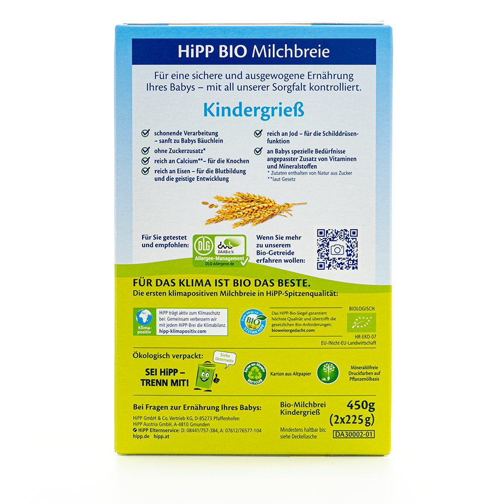 HiPP Organic Semolina Milk Porridge Ingredients