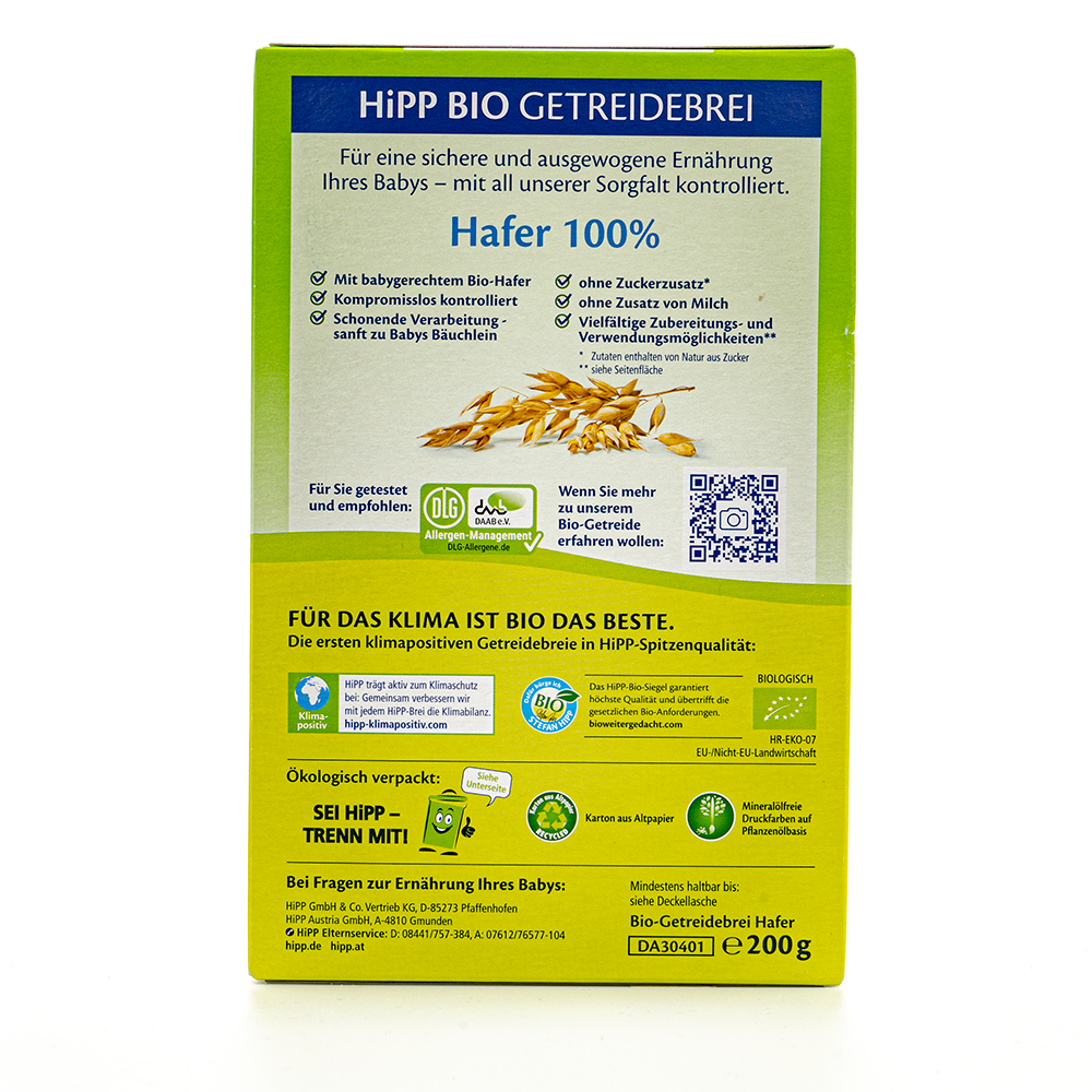 HiPP Organic Cereal Oats Porridge - 100% Oats (5+ Months) Ingredients